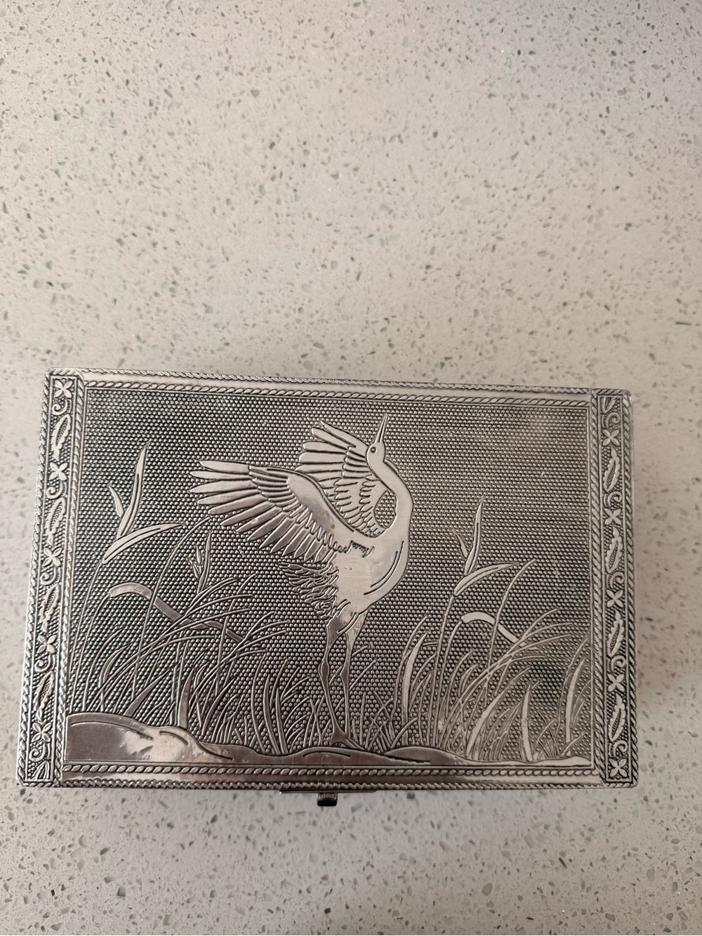 Vintage Silver Crane Engraved Jewelry Box